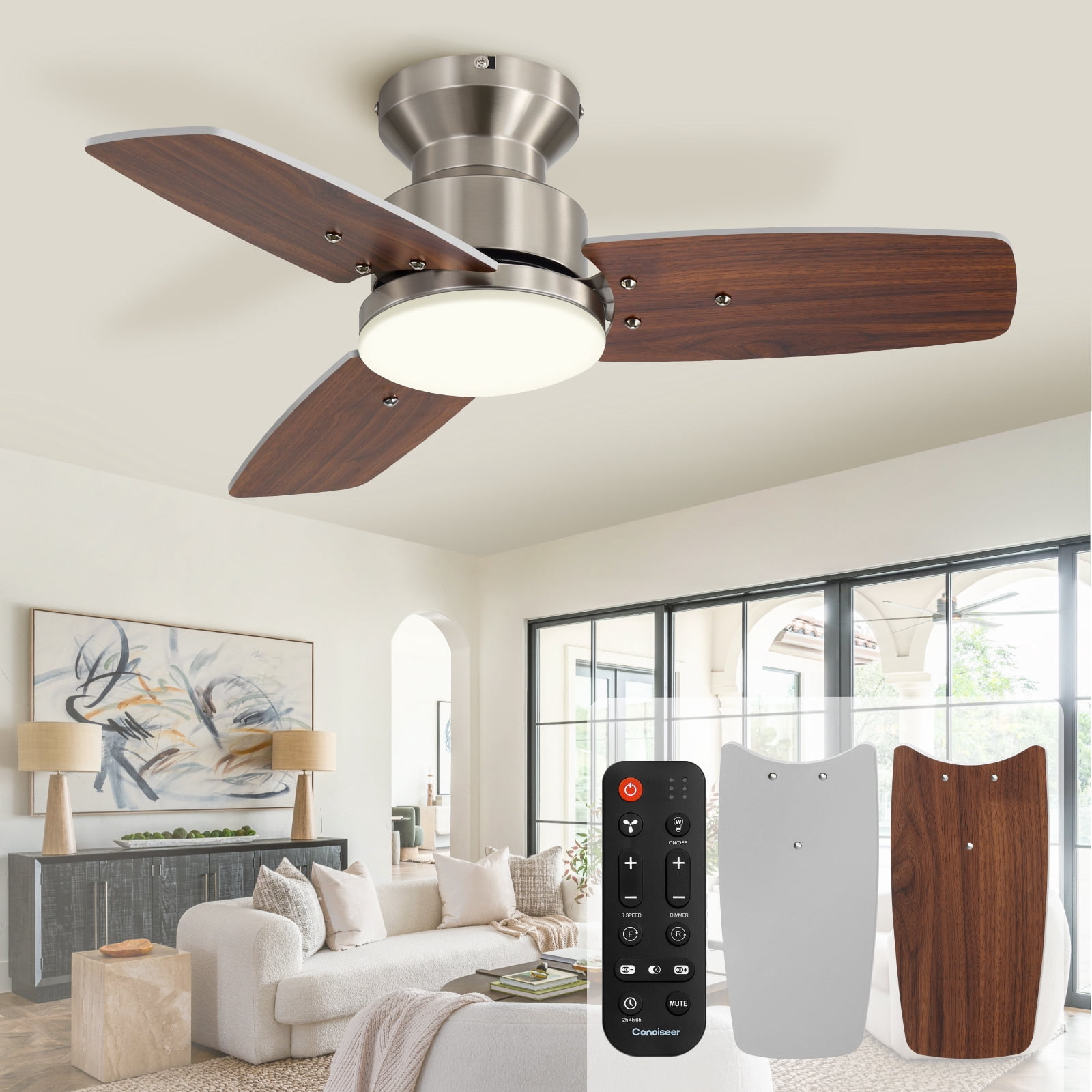 42 Inch Ceiling Fans with Lights and Remote, Bedroom Living Room Office, Flush Mount, 6CCT Dimmable, Dual Color 3 Blades 6 Speed Reversible Quiet DC Motor, Sand-nickel/Wood Grain, 2 Pack