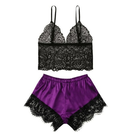 

Knosfe Women Satin Lace Pjs Cami Crop Top Shorts Set Eyelash Solid Color Two Piece Pajamas Set XXL