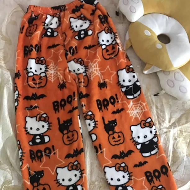 Sanrio-Pijama de franela de Hello Kitty para mujer, pantalones de lana para el hogar, Kawaii, blanco, cálido, dibujos animados, moda de otoño, pantalones de felpa, regalo
