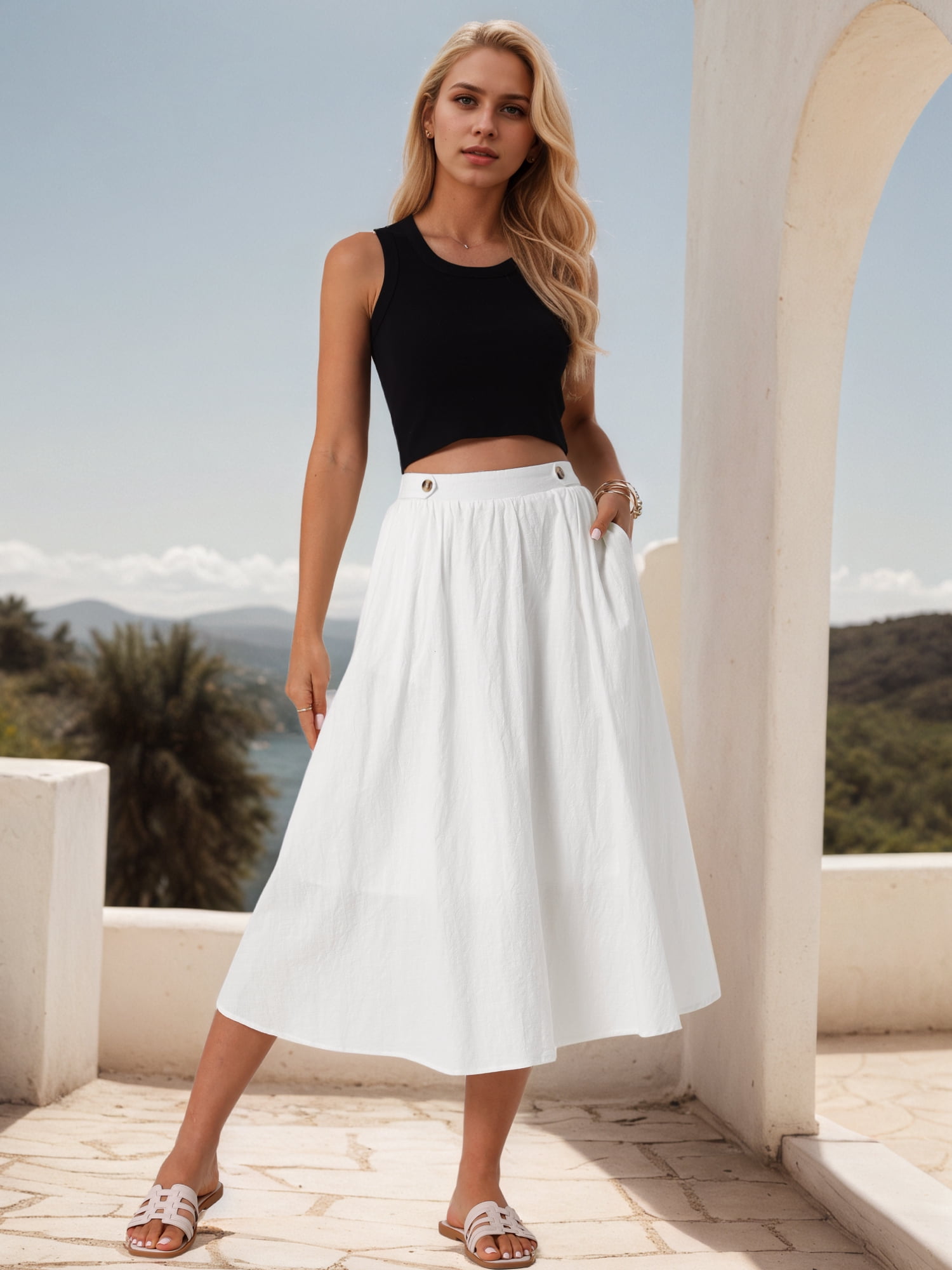 DARING DIVA Women's Elastic Waist A Line Casual Summer Midi Skirt with Pockets M White
