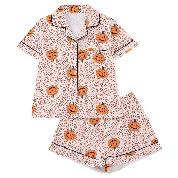 DHFJKG Halloween Pajamas Women Set Pumpkin Ghost Button Down 2 Piece Pjs Short Sleeve Loungewear Set