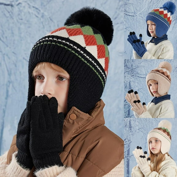 HAOTAGS Comfort,Children's Winter Set Hat,Glove Thick Boys Girls Winter Accessories Black Free Size