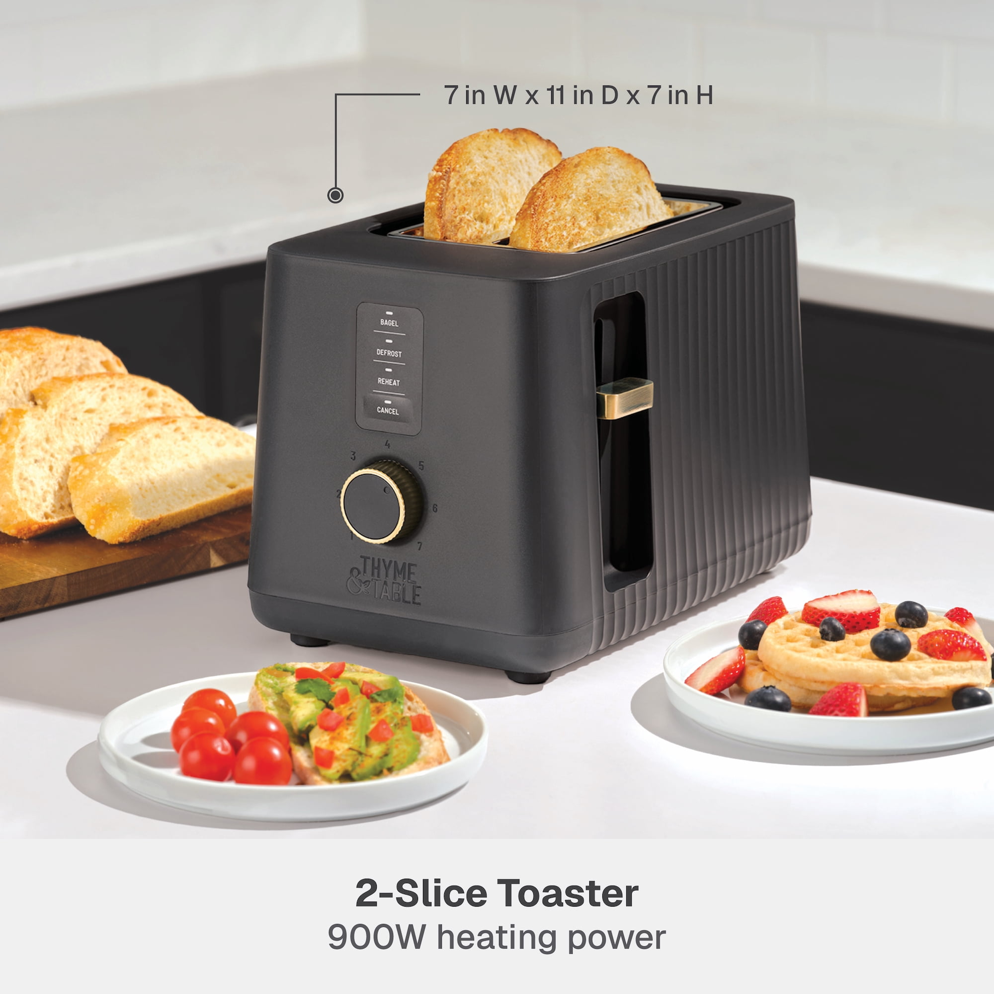 Thyme & Table 2-Slice Toaster, Extra-Wide Slots with Removable Crumb Tray, Slate Grey