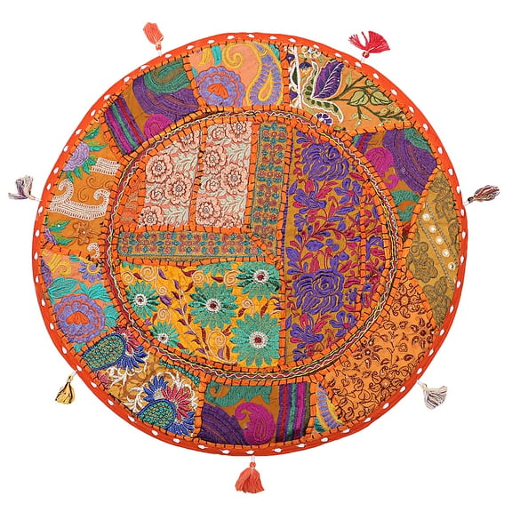 Stylo Culture Ethnic Round Floor Cushion Cover Vintage Patchwork Pouf Pillow Case Orange Big 22" Round Floor Cushion Decorative Decor Seating Tuffet Seat Pouf Cover Footstool Cotton Embroidered 1 Pc