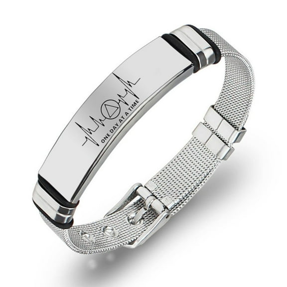 Inspirational One Day At A Time AA Emblem Bracelet for Soberness Recovery Mesh Bangle, Sobriety Milestone Present for Men Wonen, Silver