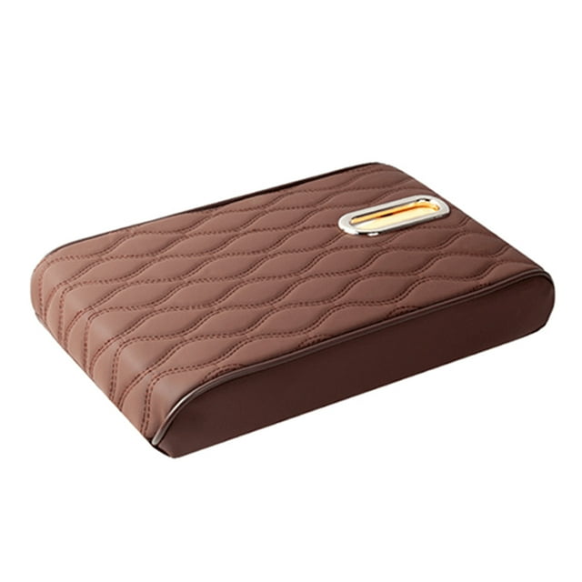 Mistaha Car Armrest Pad Heightening Cushion, Grid Leather Widened Thickened Universal Car Memory Foam Armrest Box Pad, Grid Brown with Concealed Tissue Box
