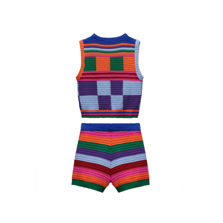 Women Knitted 2 Piece Shorts Outfits Color Block Crochet Strap Crop Tank  Tops Short Pants Y2K Set Summer Streetwear Suit 