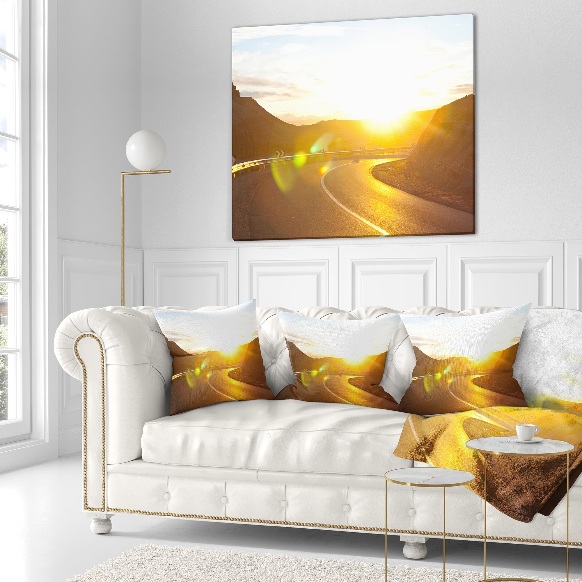 Designart Yellow Road under Sunset - Landscape Printed Throw Pillow - 18x18