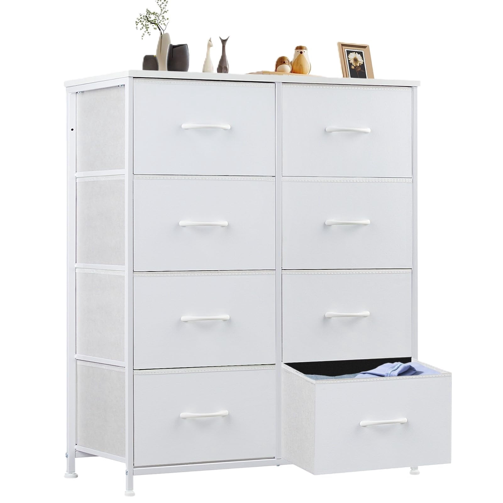 Telyra 8-Drawer Fabric Dresser Tall Storage Tower with Wood Top and Steel Frame Bedroom Closet Organizer, White