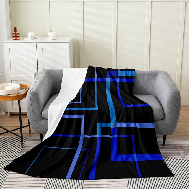 YST Abstract Rectangle Blanket Throw 50x60, Blue Lines Geometric Throw Blanket, Artistic Reversible Black Fleece Blanket,Minimalist Modern Simple Flannel Blanket For Sofa Bed Couch