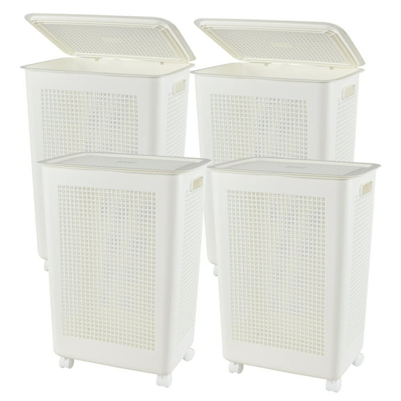 Tstorage 4 Packs Laundry Hamper with Lockable Wheels, Plastic Laundry Basket with Lid, White