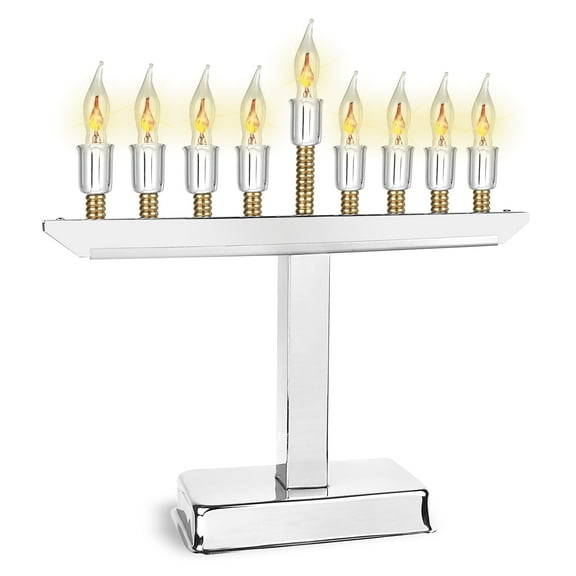Aviv Judaica Transitional Electric Menorah with Gold Accents Highly Polished Chrome Plated Menorah Includes a Set of 9 Flickering Bulbs Hanukkah Candle Light Electronic Chanukah Minorah