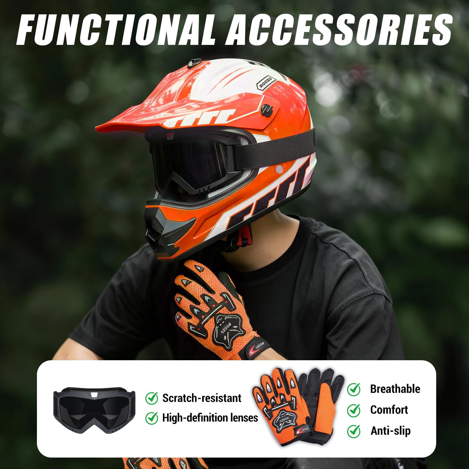 Youth Dirt Bike Helmet DOT Certified - Full Face Motorcycle Helmet for Off-Road, ATV, Street Riding, Includes Adjustable Goggles & Protective Gloves