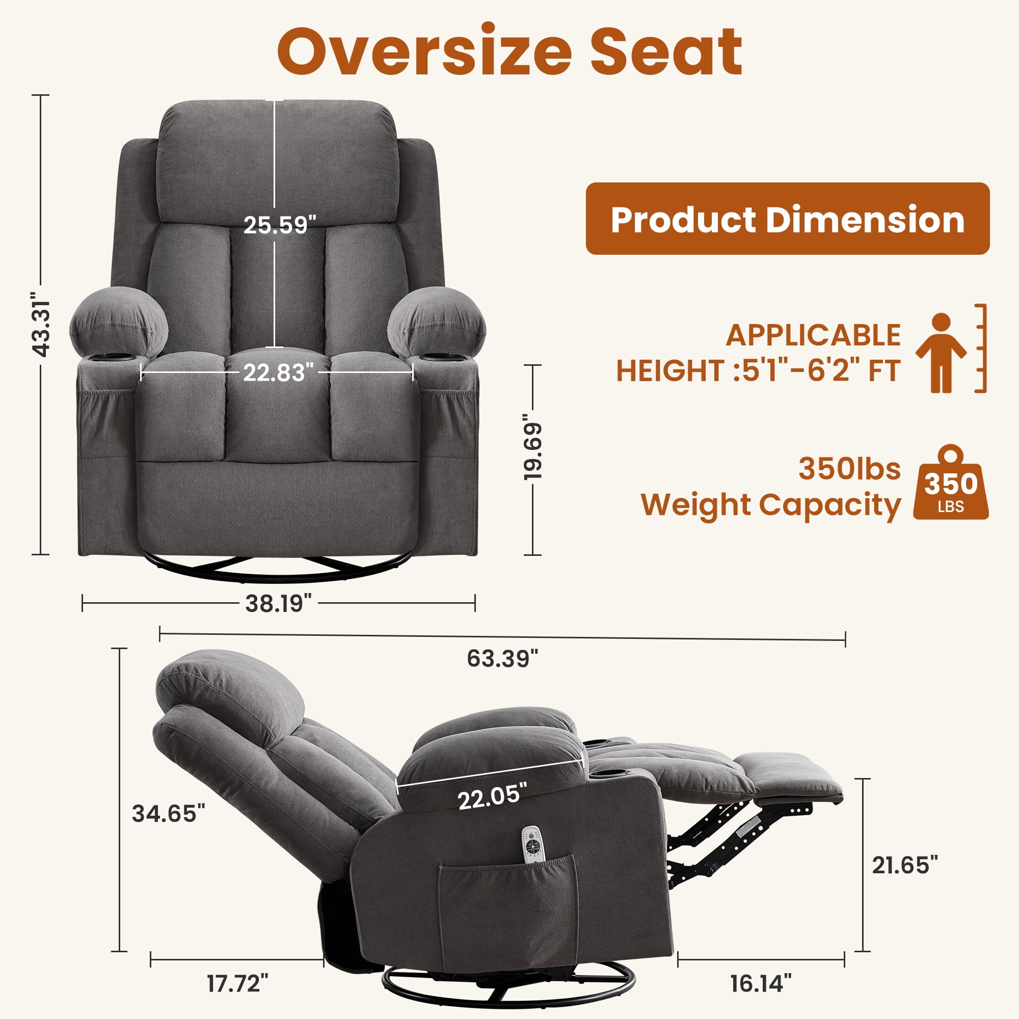 Alvantor Swivel Recliner Chair with Massage & Heat for Adults, Single Rocker Sofa with Cup Holders for Bedroom Home Theater Gray