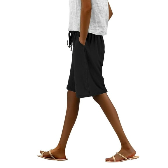 Black Linen Shorts Womens Casual Solid Side Pockets Pants Shorts Elastic Waist Pockets Daily Mid Long Shorts