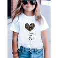 thumbnail image 1 of Chic Leopard Print Heart Girls' T-Shirt - Soft Short Sleeve Round Neck Tee with "Love" Cursive Design, Lightweight Cotton Fabric, Perfect for Spring/Summer/Fall Casual Streetwear, Shirts for Girls, 1 of 6