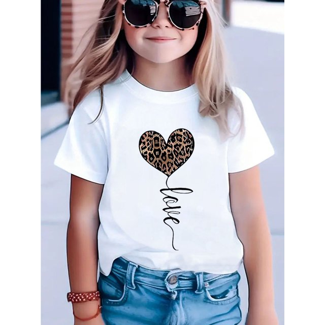 Chic Leopard Print Heart Girls' T-Shirt - Soft Short Sleeve Round Neck Tee with "Love" Cursive Design, Lightweight Cotton Fabric, Perfect for Spring/Summer/Fall Casual Streetwear, Shirts for Girls