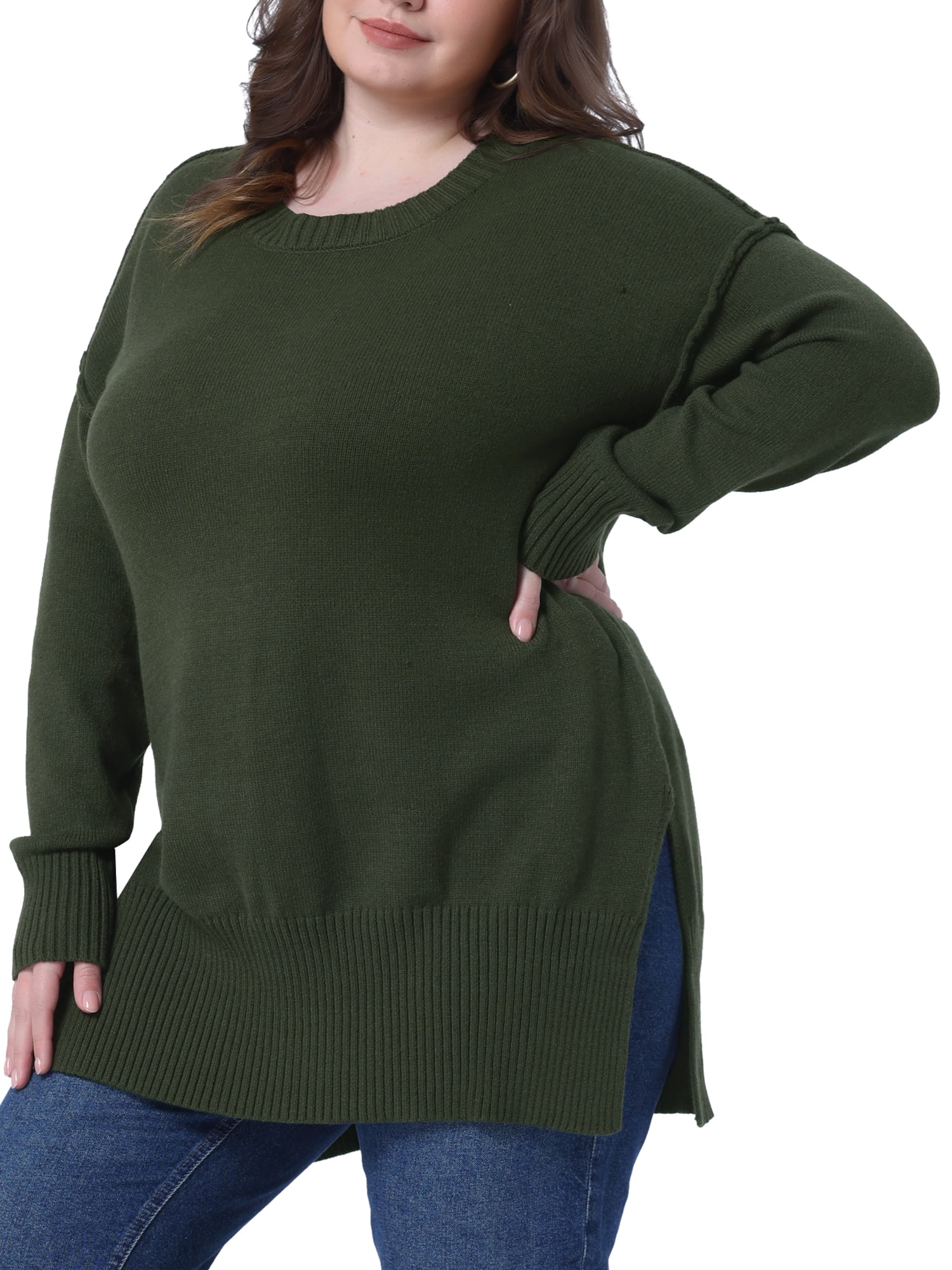 DARING DIVA Women's Plus Crew Neck Long Sleeve Slit Hem Pullover Sweater 4X Army Green
