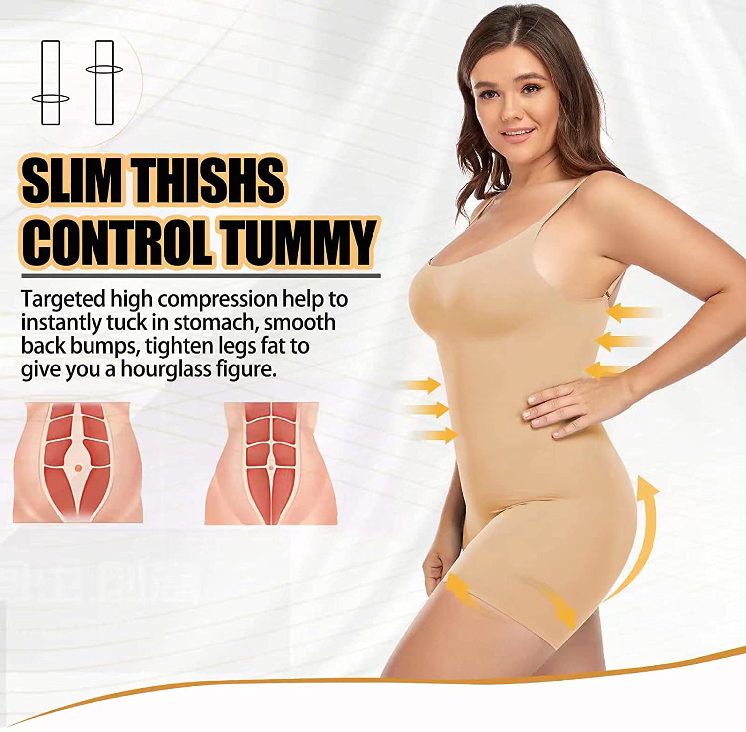 VASLANDA Women Tummy Control Shapewear Mid-Thigh Bodysuit Spaghetti Strap  Seamless Thigh Slimmer for Under Dress 