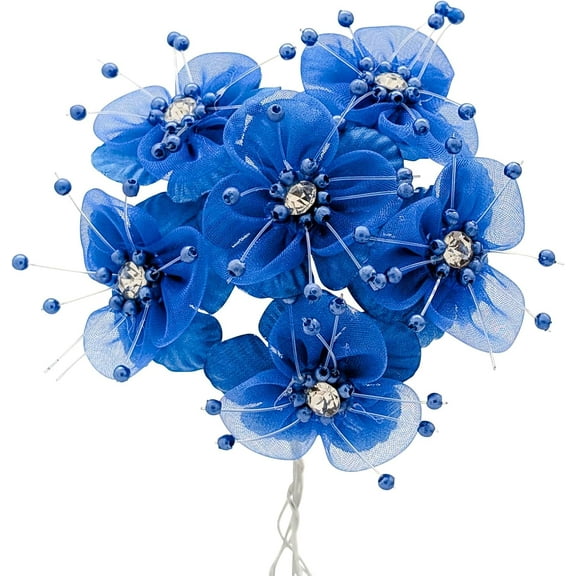 72PC Royal Blue Artificial Organza Flower Rhinestone Pick for Home Craft Decor DIY Wedding Bridal Veil Headband Dress Cake Topper Embellishment Scrapbook Favor Corsage Floral Bouquet Arrangement