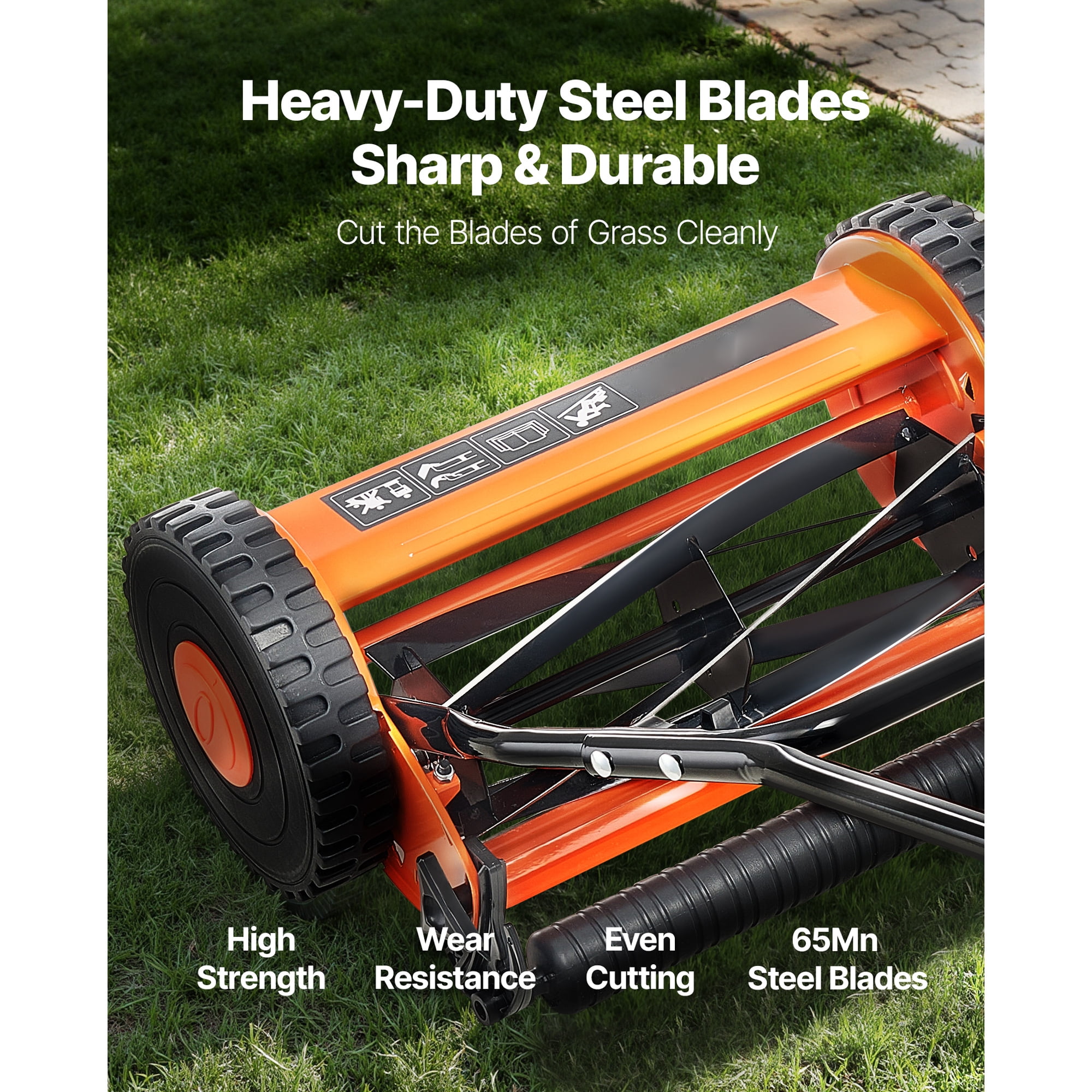 KFFKFF 14-Inch Manual Push Reel Lawn Mower, 5-Blade Design, Adjustable Cutting Height (0.6-1.75 in), Walk-Behind Mower with Grass Catcher for Lawns, Driveways, and Courtyards