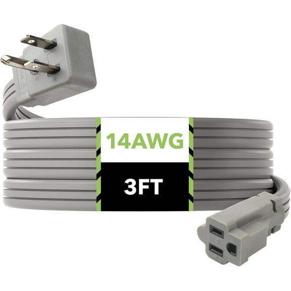 BN-LINK 3ft 14/3 Gray Air Conditioner/Major Appliance Indoor Extension Cord, Grounded Flat Plug, Perfect for AC Units and Major Appliances