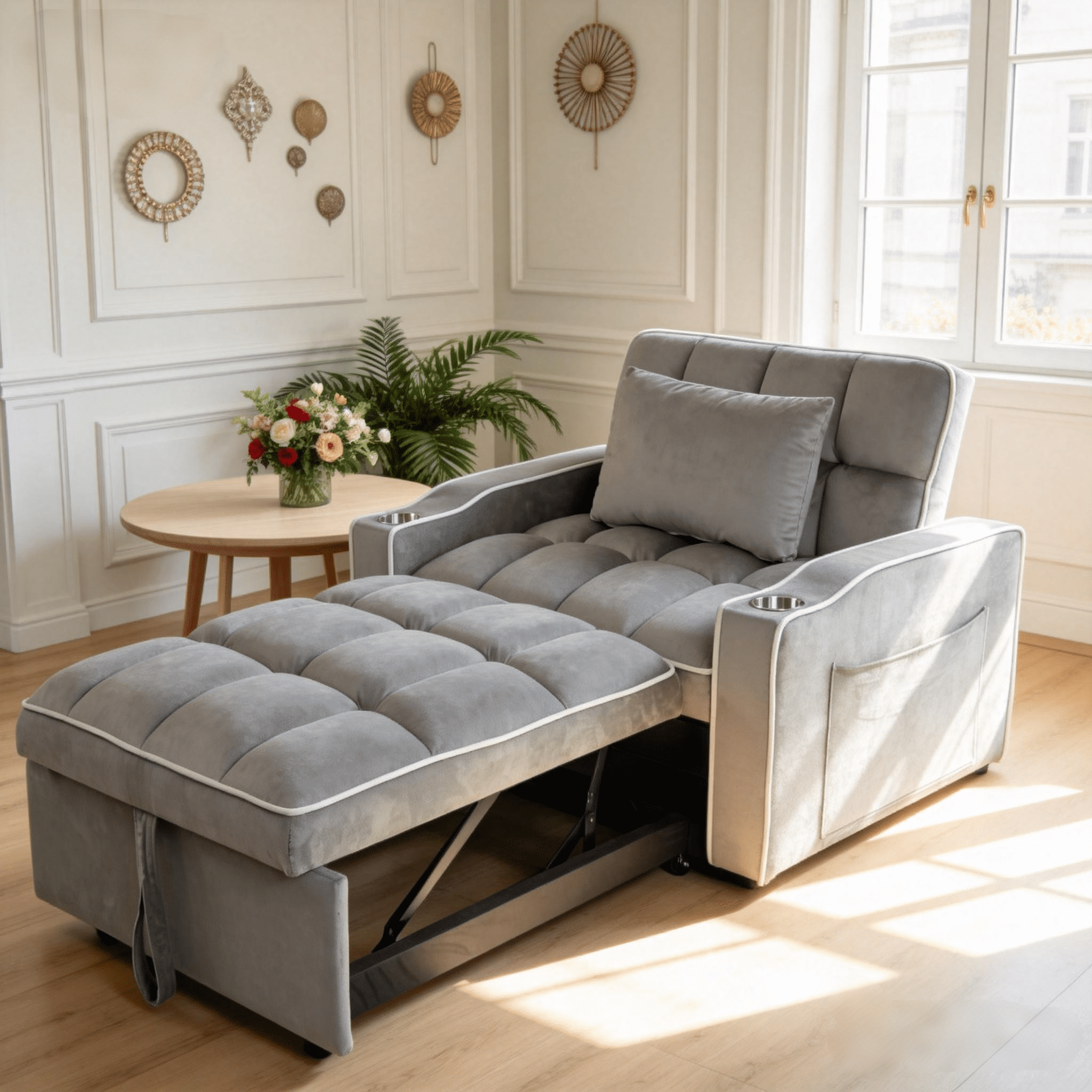 BSHTI 37.2" Convertible Pull-Out Sleeper Chair – with 3 Adjustable Angles, Velvet Upholstery, Side Pocket Storage, Solid Wood Frame,Light Gray