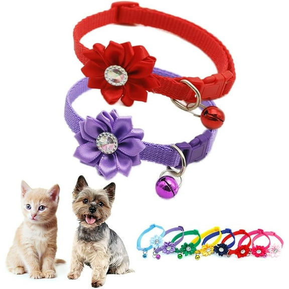 XS Dog Collar with Bell,(2-Pack) Flower Cat Collars with Bells Girl Cute Fancy Floral Puppy Collars with Bells for XXS XS Tiny Little Kitten Pet Female Dogs,Neck 7-12 Inch