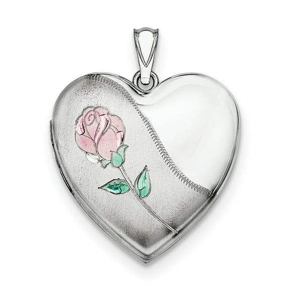 Médaillon en Argent Sterling Rhodié 24mm Satin, Émaillé, D/C Rose QLS415 (30mm x 24mm)