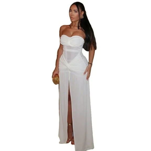 Women's Strapless Slash Neck Sleeveless Backless Pleated Split Hips Wrapped Long Dress, Gauze Spliced Sight Perspective, Sexy