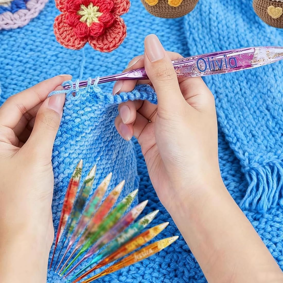 Personalized Multicolor Dried Flower Crochet Hook, Ergonomic Sewing Tool, Birthday/Mother's Day Gift, Birthday for Crochet Lovers (A)