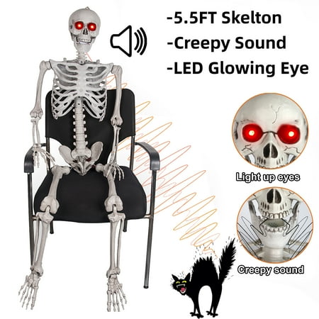 5.5ft Halloween Posable Skeleton - Realistic Life Size with LED Glowing Eyes  Creepy Sound  and Motion Sensor. Perfect for Halloween Party Decoration