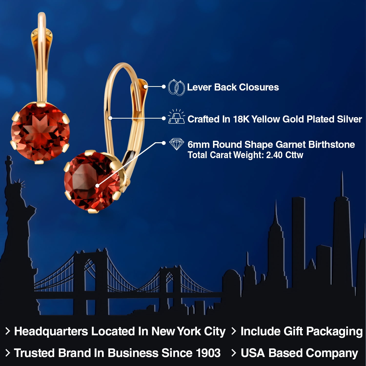 Gem Stone King 18K Yellow Gold Plated Silver Red Garnet Leverback Earrings for Women | 1.80 Cttw | Round 6MM | Gemstone Birthstone | Fine Jewelry Gifts for Women Mom Wife Her
