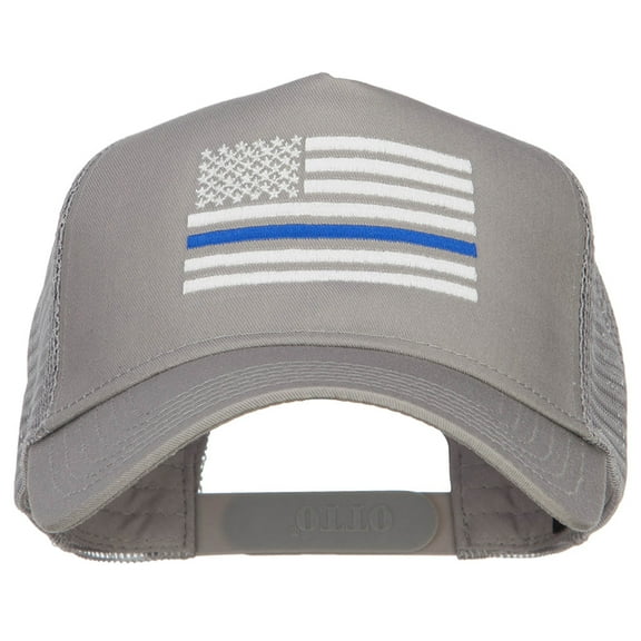 Thin Blue Line American Flag Embroidered Mesh Cap - Grey OSFM