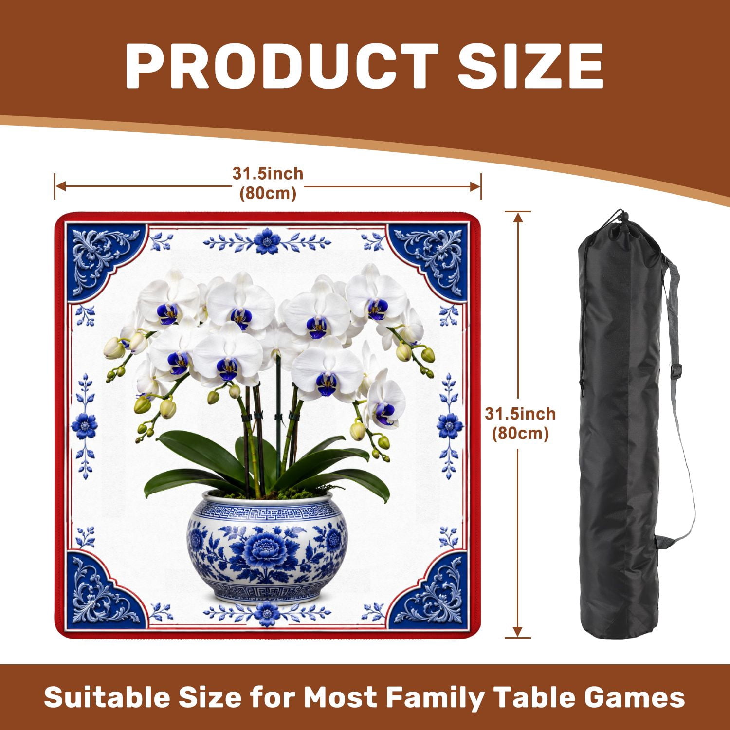 Mahjong Mat 31.5" x 31.5" Elegant White Orchids Blue White Porcelain Bowl Red Non-Slip Noise Reduction Mahjong Tiles Table Cover for Dominoes Poker Card Board and Tile Games