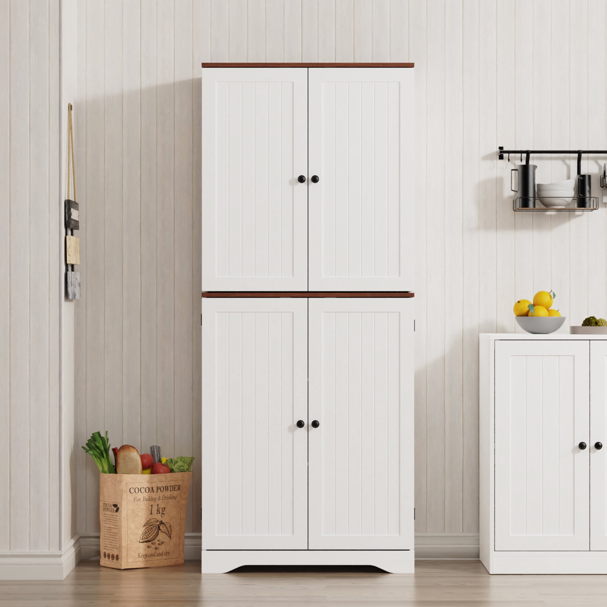 Farmhouse Pantry Storage Cabinet, 72" Tall Kitchen Pantry with Doors Organizer, Freestanding Cupboard with Adjustable Shelves, Rustic Buffet Cabinet for Kitchen, Dining Room, Bathroom, White