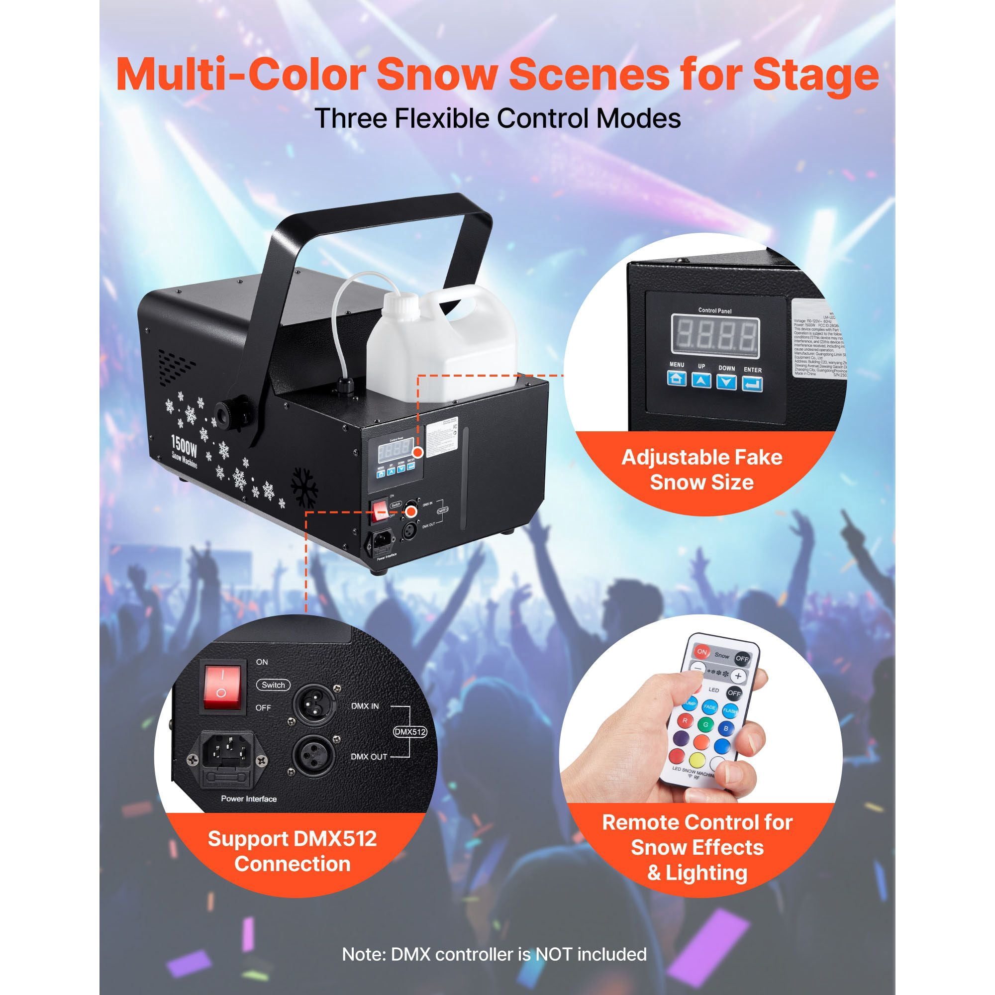 1500W Snow Machine with RGB DMX512 Signal Control, 9 LED Lights, Wireless Remote, High Output Snowflake Machine with 5L Tank, Portable DJ Stage Snow Maker for Christmas Parties Stage Effects