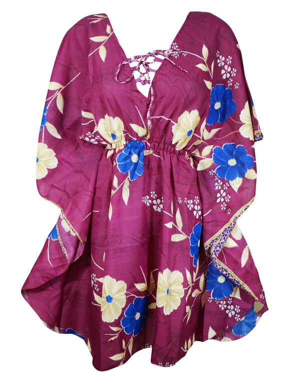 Mogul Travel Summer Beach Dress Purple Blue Printed Kaftan Dress M-XL