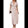 thumbnail image 2 of Vestido Bohemio Floral de Verano para Mujer, Informal, Cruzado, con Escote en V, Mangas con Volantes, Cinturón y Dobladillo Plisado. Rosa M, 2 of 10