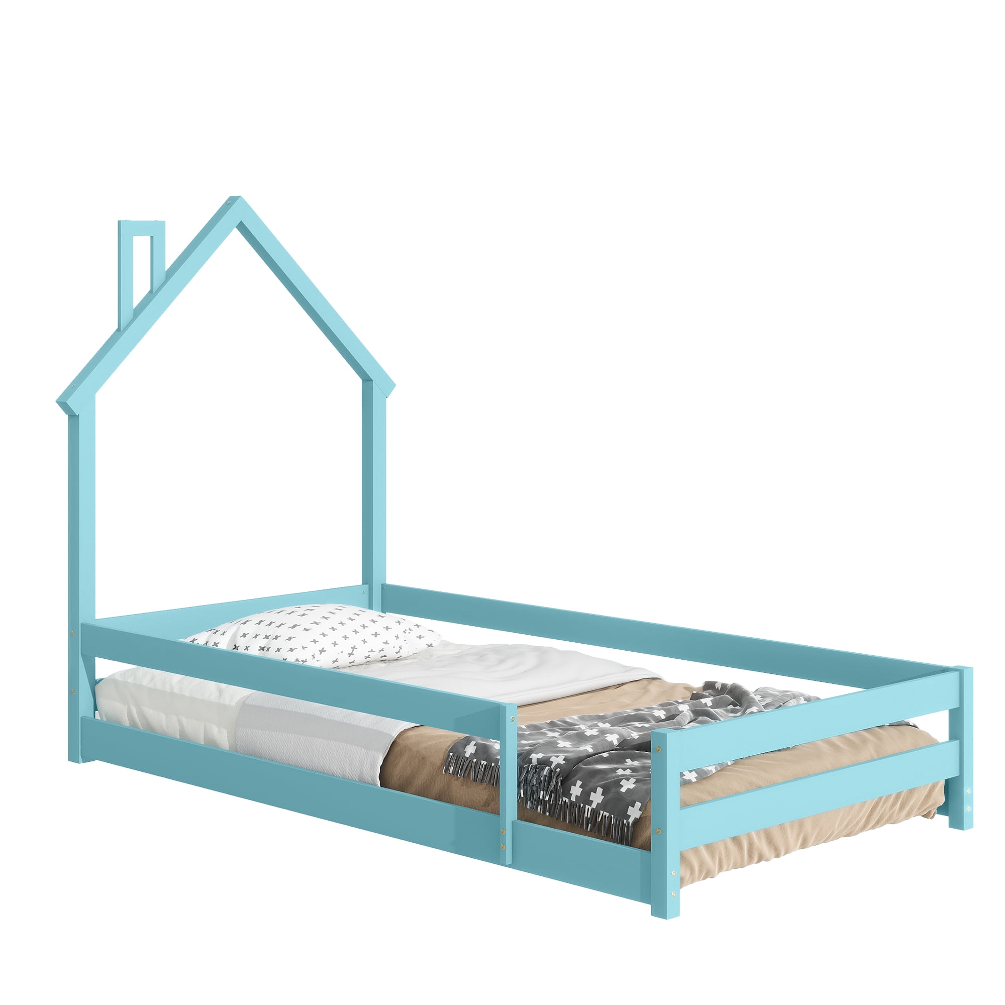 Yoneston Twin Floor House Bed Frame for Toddlers, Wooden Kids Platform Bed Frame with Fence and Door for Girls Boys, Light Blue