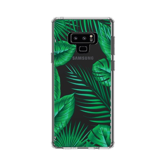 DistinctInk Clear Shockproof Hybrid Case for Samsung Galaxy Note 9 - TPU Bumper, Acrylic Back, Tempered Glass Screen Protector - Green Tropical Leaves