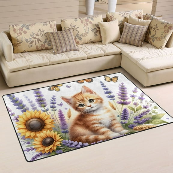 Little Cat and Flowers Area Rug Washable Floor Carpet Mat 60 x 39 inch for Bedroom Living Room Kids Room Home Decor