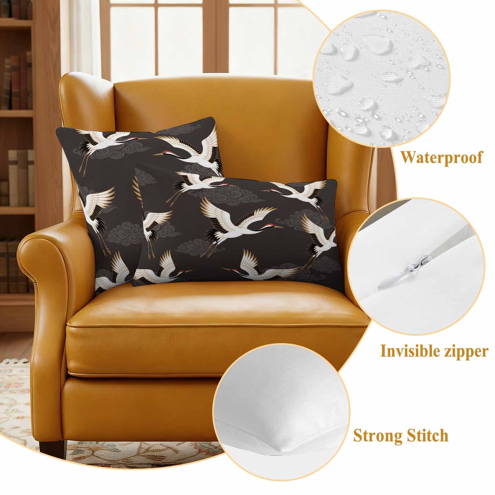 White Crane Outdoor Waterproof Throw Pillow Covers 16x16 Set of 2, Vintage Chinese Auspicious Cloud Art Brown Decorative Pillowcases Cushion Pillowcase for Couch Sofa Patio Outside Pillow Protector