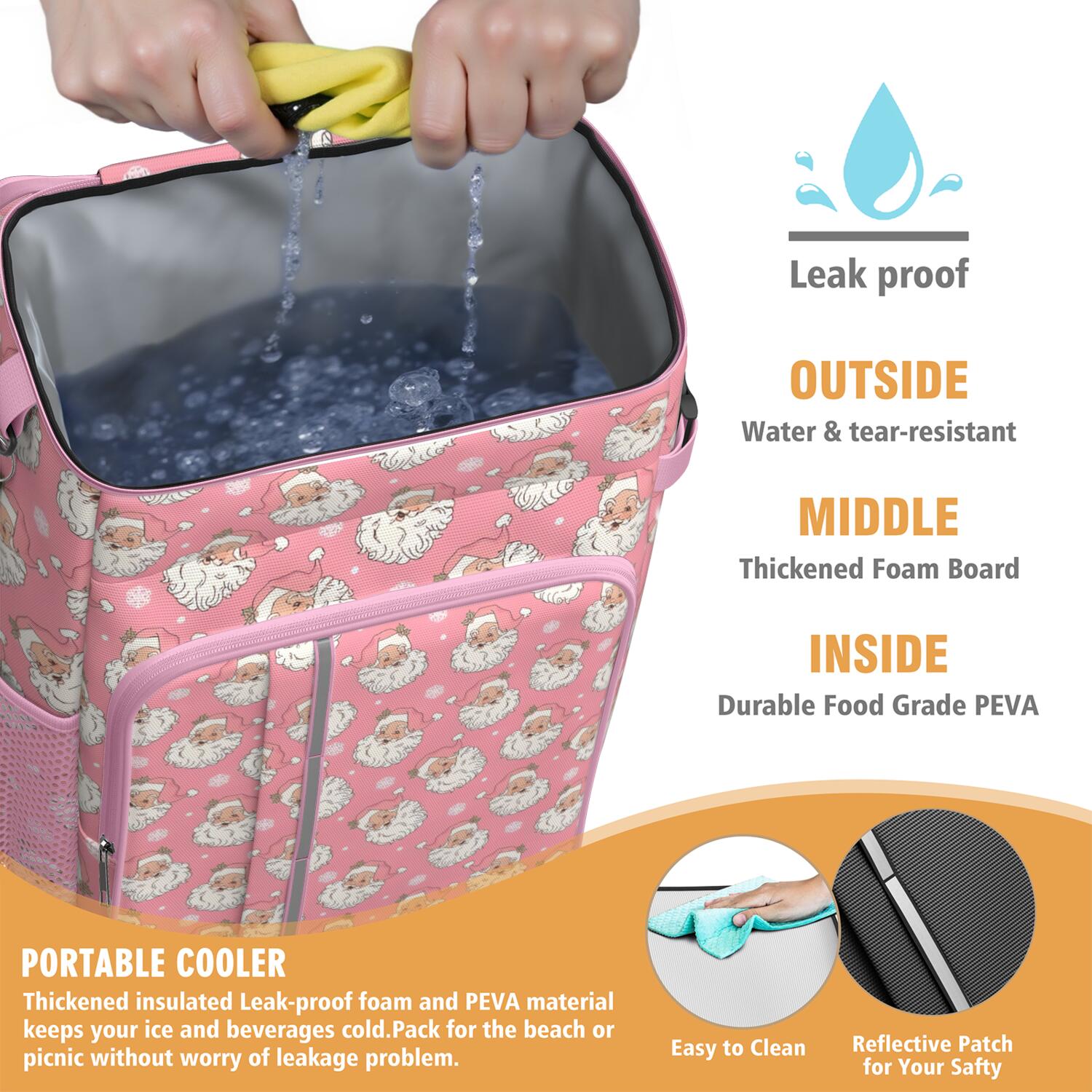 Travel Cooler Bag - Pink Christmas Santa Pattern Camping Beer Cooler Backpack with Bottle Opener- Waterproof Insulated Picnic Backpacks - Cooler Bag for Beach