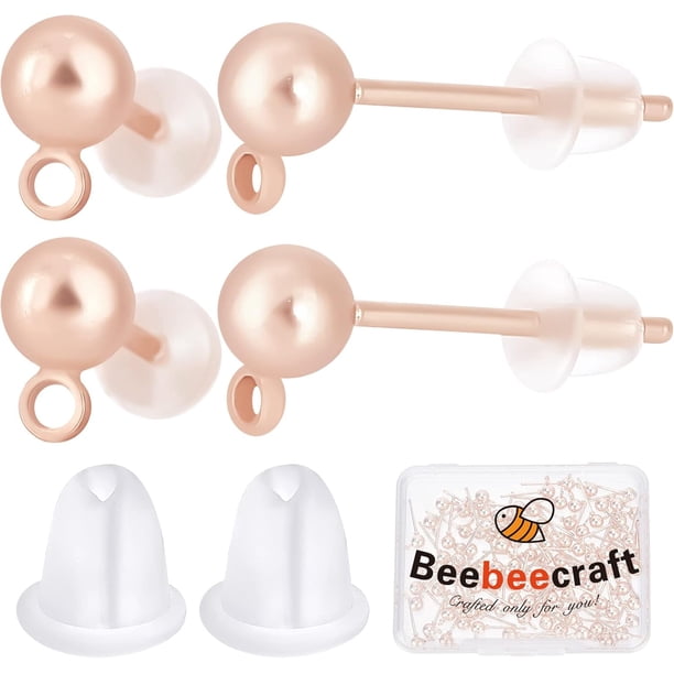 1 caja de 100 piezas de accesorios para aretes con forma de bola, de acero inoxidable y oro rosa, con aro y 100 tuercas de plástico.