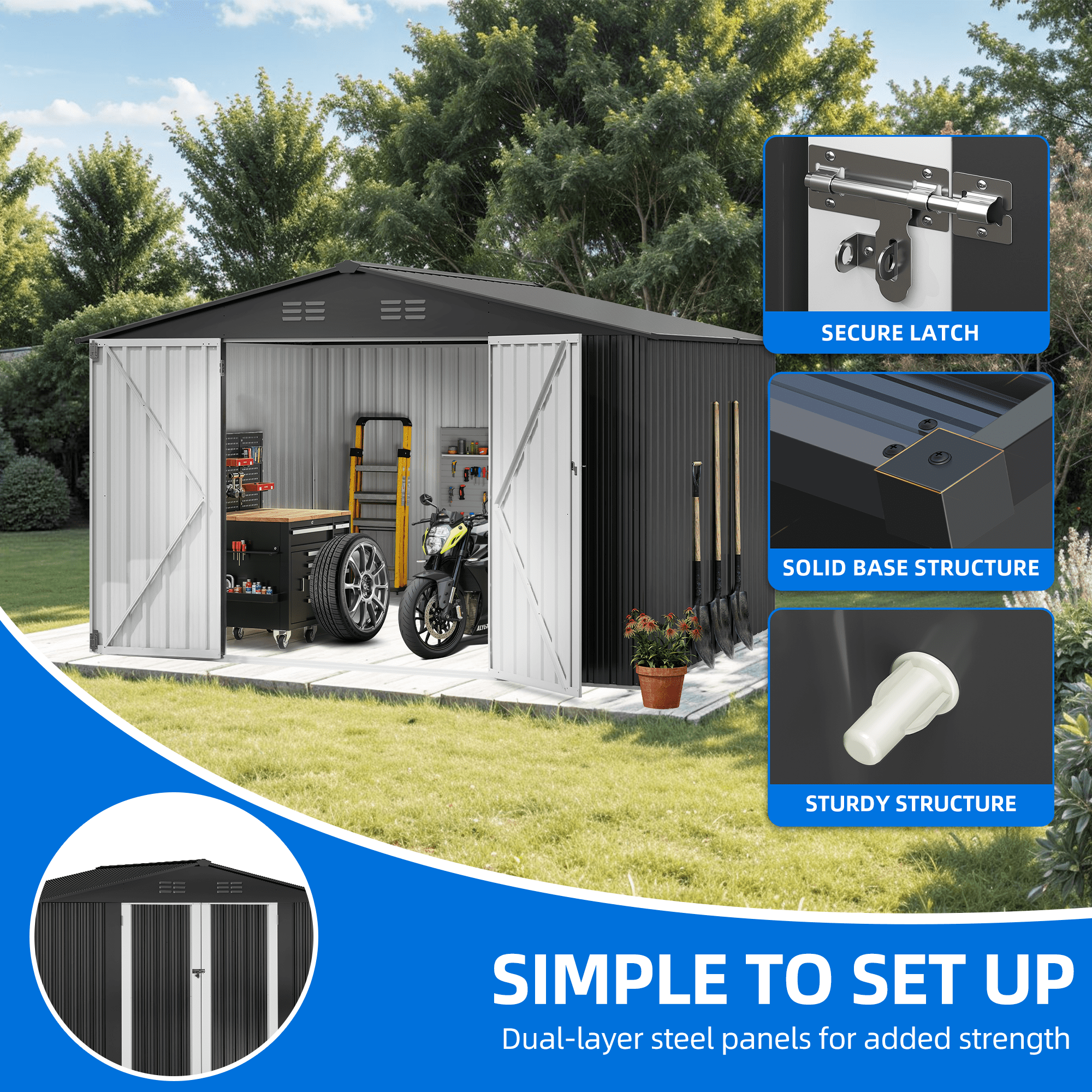 Uforic 10x8ft Metal Storage Shed with Lockable Doors & Vents Storage for Garden Tools, Lawn Equipment, Bikes Dark Gray