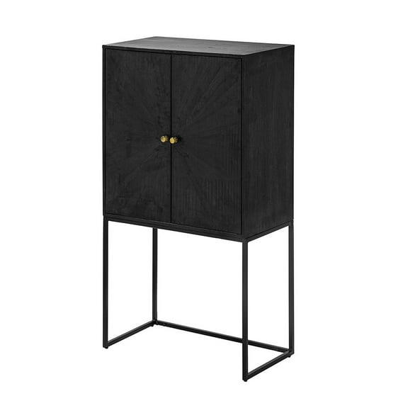 Benjara 59" Accent Cabinet- 2 Doors- Iron Stand- Acacia Wood- MDF- Black
