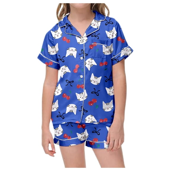 MEZZALL Girls Cartoon Cats Print Satin Pajamas Sets Short Sleeve Lapel Button Down Tops & Shorts 2 Piece Kids Sleepwear Stylish Nightwear