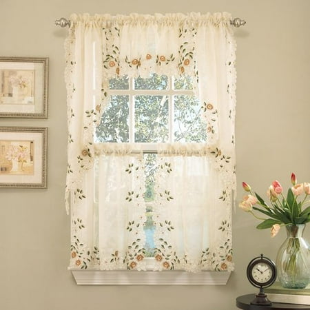 Window Curtains Style Sweet Home Collection Old World Style Floral Embroidered Semi-Sheer Tier Curtain (Set of 2) ()