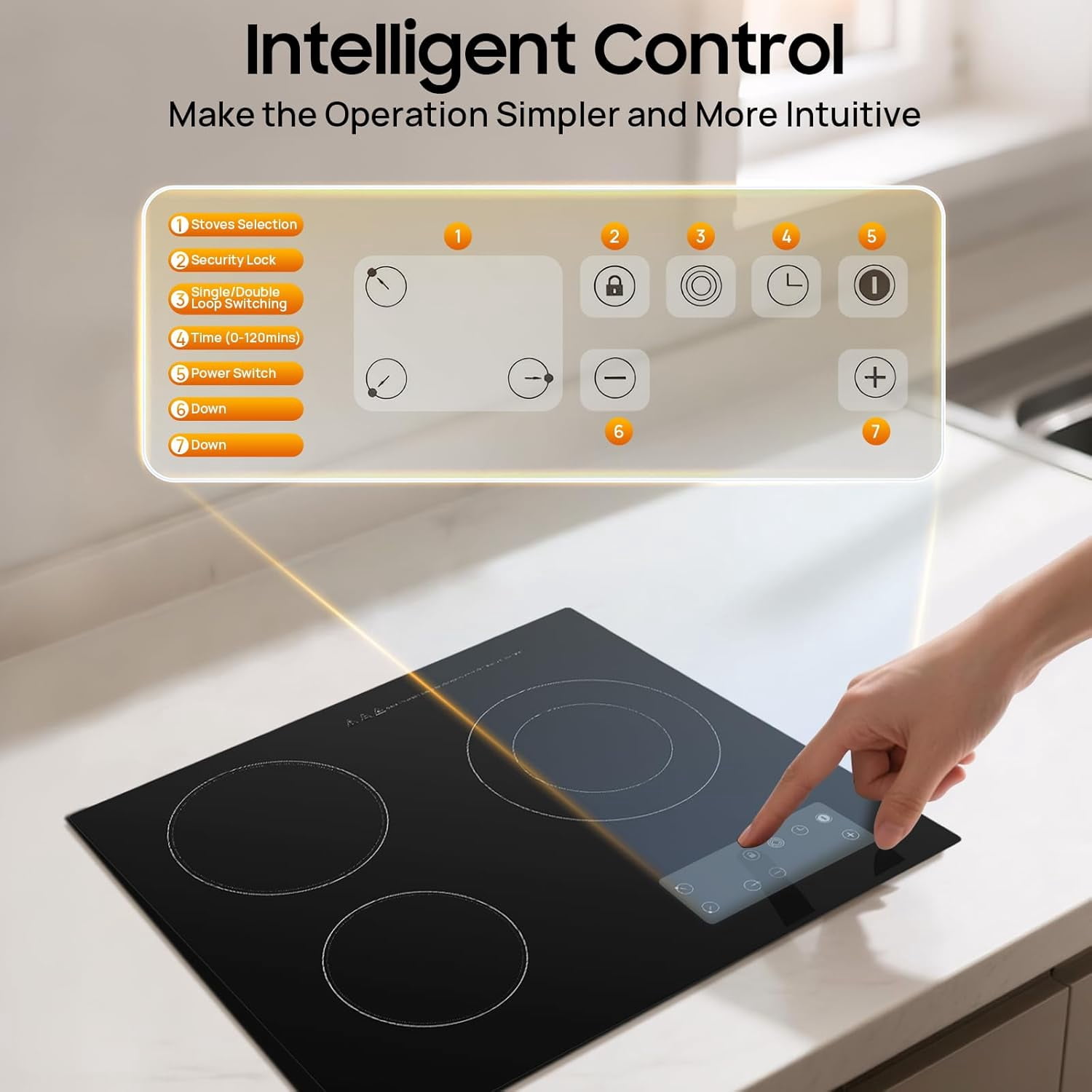 Miumaeov Electric Ceramic Cooktop, 23.2 in L Electric Cooktop, 2600W 110V 3 Burners Radiant Stove Top with Timer, Child Safety Lock, Sensor Touch Control